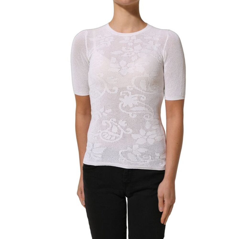 Alpha Studio White Floral Lace Knit Fabric Short Sleeves Blouse Women's Top